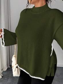 Elenzga Plus Size Casual Elegant Loose Colorblock Pullover Sweater - Army Green - View 5