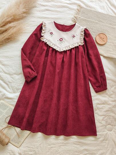 Vintaside Kids 女童优雅花卉刺绣长袖连衣裙，修身剪裁，适合外出、休闲穿着、生日派对、节日和庆典
