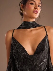 SHEIN Glamour Áo cánh trễ vai cổ xếp ly gợi cảm thời trang dành cho nữ - màu đen - Xem 4