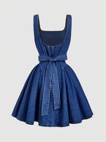 SHEIN MOD 女式优雅方领无袖腰部系带喇叭下摆牛仔连衣裙，夏季 - 藍色 - 查看 2