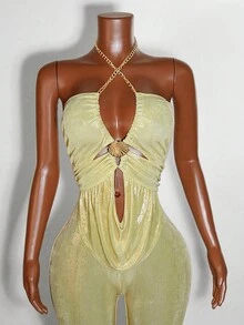 Mistrie Women Metal Decor Fitted Sexy Backless SleevelessMetellic Twisted Asymmetrical Ruched Mini Dress Prom  Jumpsuit - Gold - View 6