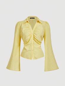 SHEIN MOD Camisa de mujer talla grande con mangas acampanadas, cintura ceñida y rayas amarillas y blancas