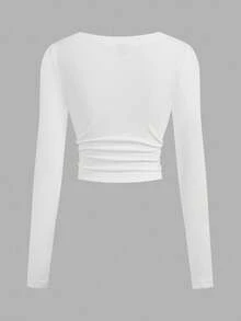 SHEIN EZwear Áo thun dài tay ôm sát cổ chữ V nhún eo nhiều màu sắc cho nữ, thường ngày & đa năng, mùa đông - Nhiều màu - Xem 4