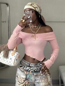 Coolane Women's Fall Y2K Rave Festival Going Out Renaissance Fair Clubs Rib Knit Off The Shoulder Pink Long Sleeve Tee - Pink - View 1