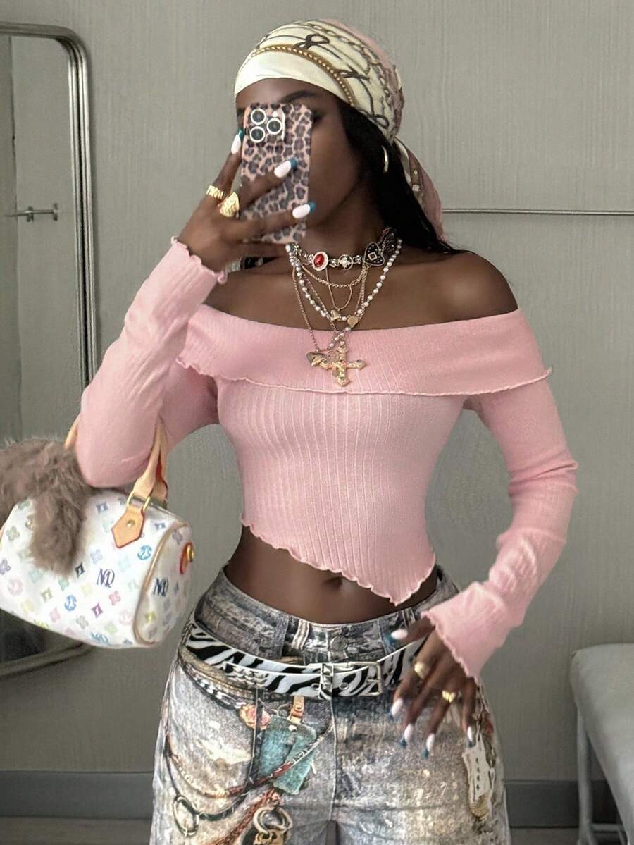 Coolane Women's Fall Y2K Rave Festival Going Out Renaissance Fair Clubs Rib Knit Off The Shoulder Pink Long Sleeve Tee - Pink - View 1
