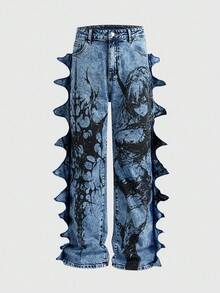 ROMWE MEN Men's Cartoon Anime Character Graphic Pocket 3D Design Jeans - Baby Blue - View 1