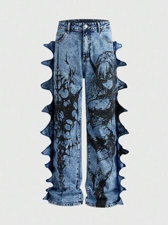 Anime بنطلون جينز بتصميم جرافيك ثلاثي الأبعاد بجيب كرتوني للرجال