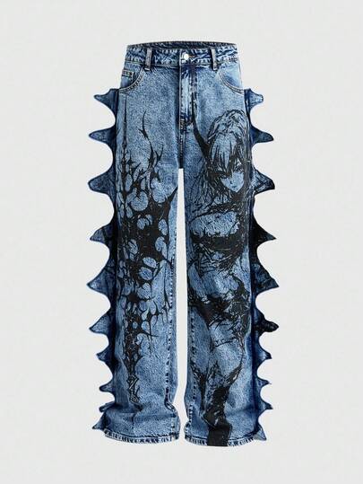 Men's Cartoon Anime Character Graphic Pocket 3D Design Jeans