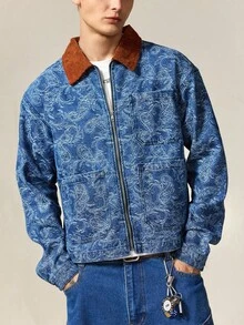 ROMWE MEN Street Life 男士休闲佩斯利印花拉链撞色领牛仔夹克，秋季 - 淺藍色 - 查看 7