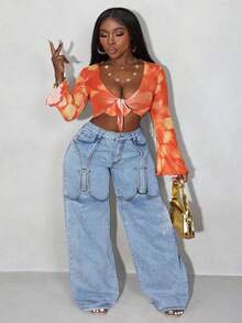 Slaydiva Plus Size Casual Everyday Wear Button Detail Angled Pocket Loose Wide Leg Jeans,Fall Clothes For Women - Baby Blue - View 1