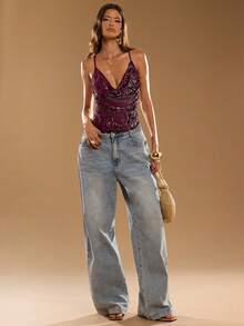 SHEIN BAE Women's Sexy Sequin Spaghetti Strap Camisole Top, Summer - Burgundy - View 4