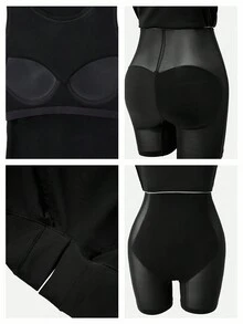 Nuvra 女士二合一仿皮双层开衩黑色塑身裙，带衬里，收腰提臀 - 黑色 - 查看 12