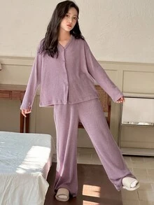 DAZY Tween Girls Ribbed Knit Long Sleeve Top And Pants Pajama Set, Autumn - Purple - View 2
