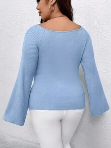 SHEIN Clasi Damen Große Größen einfarbiger Raglanärmel anliegender Pullover, Herbst/Winter - Blau - View 2