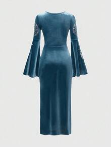 Hippie Vestido de terciopelo con estampado de luna y estrellas de Halloween con abertura alta - Azul - Ver 3