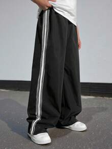 SHEIN Tween Boys' Casual Sports Patchwork Contrast Color Elastic Waist Loose Straight Leg Woven Pants, Suitable For School, Garden, Beach, Birthday, Spring, Summer, Autumn, Winter, Track Pants, Baggy Pants, Loose Pants