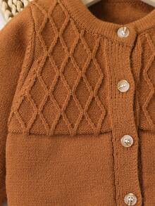 SHEIN 2pcs Baby Boys/Girls Brown Autumn Knitted Sweater & Pants Set,Modest Round Neck Long Sleeve Cable Outfit,Matching Family Casual Daily Home Clothes - Brown - View 4
