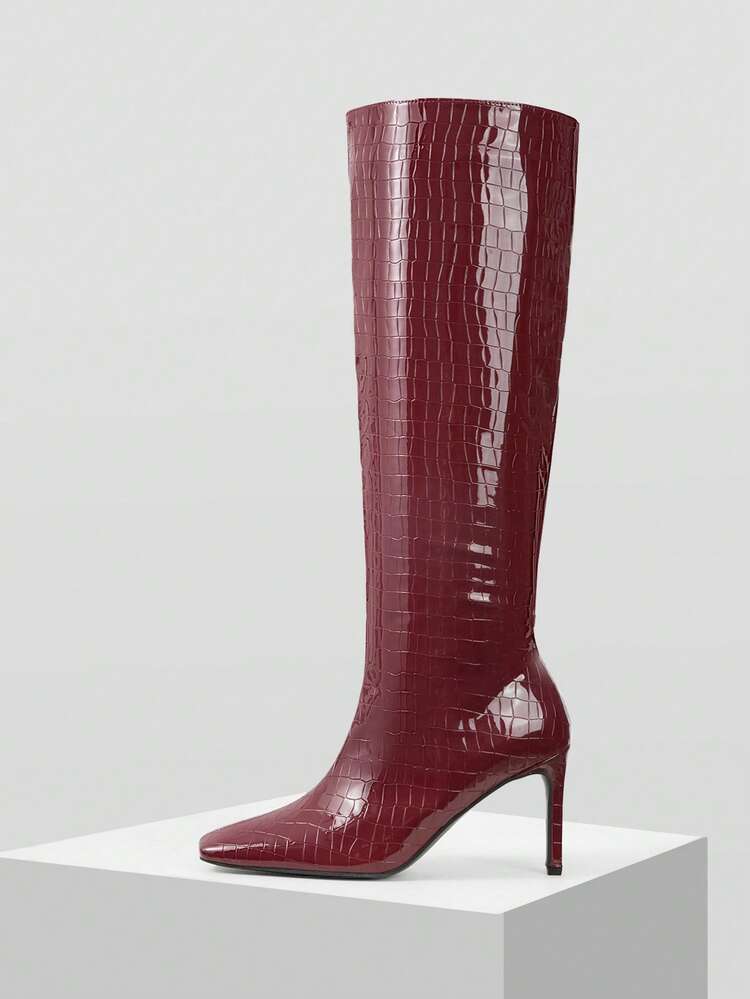 PLEATED PATENT LEATHER KNEE-HIGH RIDING BOOTS, SLIM TALL SHAFT STILETTO HEEL WOMEN BOOTS