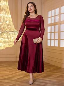 Modelyn Plus Size Patchwork Velvet Long Dress, Round Neck Loose & Slimming Fit, New Style For Autumn/Winter Burgundy Women Outfit Long Evening Dresses - Burgundy - View 3