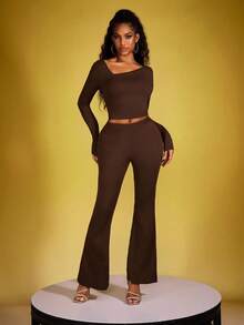 INAWLY 1 Conjunto de Top de manga larga ajustado de cuello oblicuo y pantalones acampanados sexy