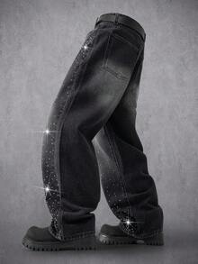 Manfinity Denimwave Men's Fashionable Street-Style Rhinestone Embellished Black Wide-Leg Jeans - Black - View 3
