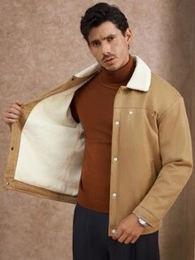 Manfinity Homme Men's Autumn And Winter New Suede Warm Fabric Camel Solid Color Inner Fleece Collar Jacket, Anniversary Gift Brown Jacket Men Men Outerwear,This Is A Versatile Coat For Daily Commuting And Traveling. It's A Gift For Your Husband, Boyfriend, And Friends. It Features A Casual And Simple Style, A Mature Urban Look, And A Laid-Back Urban Vibe - Camel - View 7