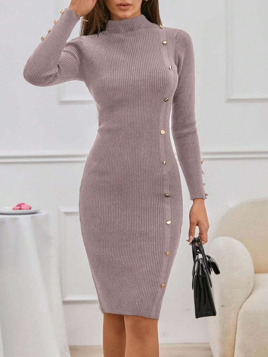 EURMUSE Vestido de suéter con cuello alto y botones delanteros sin cinturón - Rosa vieja - Ver 1