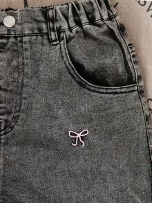 Tween Girl Y2K Minimalist Casual Black Washed Wide Leg Jeans, Comfortable, Large Pockets Design, Elegant Bow Embroidery Jeans, Fashion Must-Have For Girls, Versatile For Daily, Photo Shoot, Outing, Party, New Arrival For 2025 Autumn Fall Winter - Black - View 6