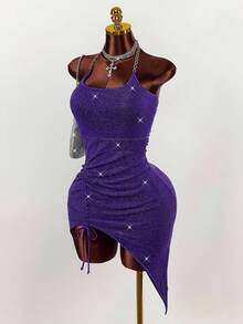 Amplova Iron Chain Decor Square Neck Bodycon Sleeveless Sexy Party Shiny Mini Dress - Purple - View 1