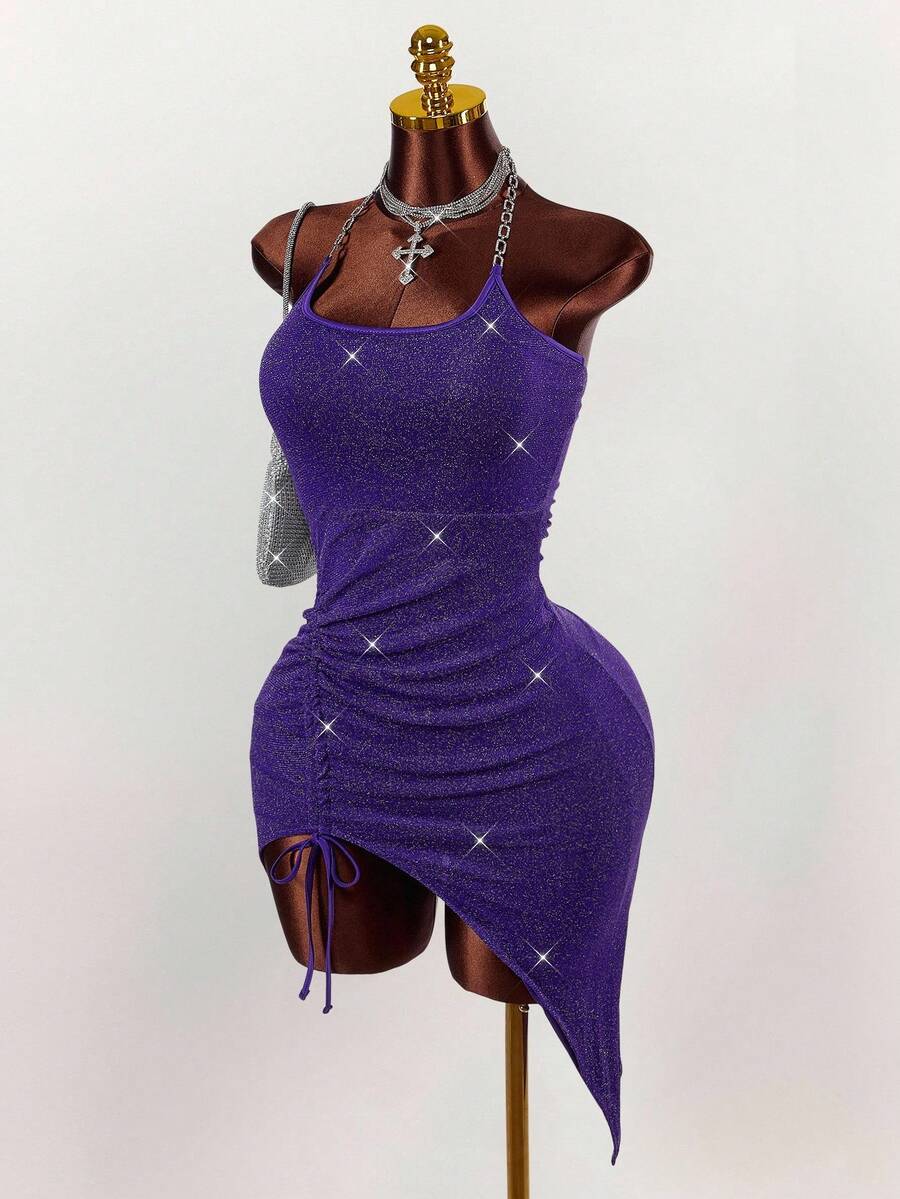 Amplova Iron Chain Decor Square Neck Bodycon Sleeveless Sexy Party Shiny Mini Dress - Purple - View 1