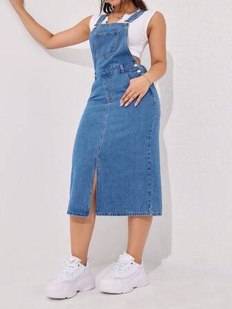 Flexra Plus Size Women Casual Fashion Street Slit Hem Loose Denim Jumper Dress