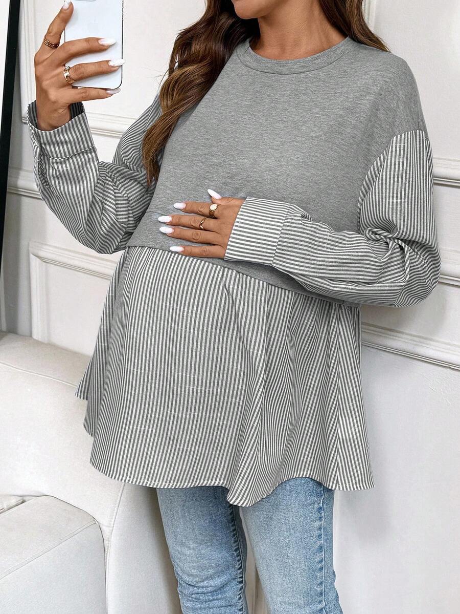 SHEIN 孕妇休闲通勤拼布条纹二合一运动衫，春秋季 - 灰色 - 查看 1