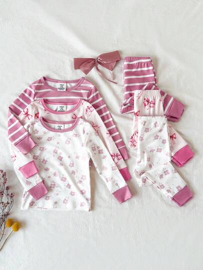 6pcs Snug Fit Girls Pajama Set, Long Sleeve Top And Pants, Pink Sweet Series With Striped, Bow, Floral Prints, Elegant Sleepwear Outfit Pajama Sets For Girls
