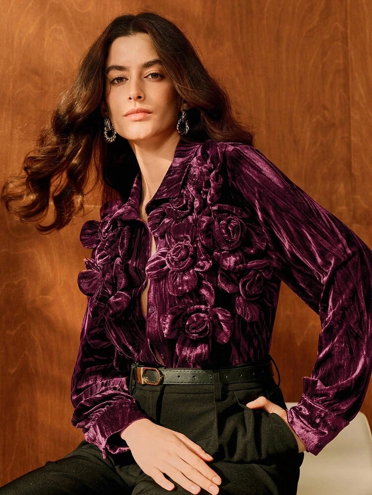 Elegant Floral 3D Embroidery Purple Long Sleeve Cardigan Velvet Blouse, Suitable For Fall/Winter, Christmas, New Year, Party, Elegant, Luxury, Formal, Chic