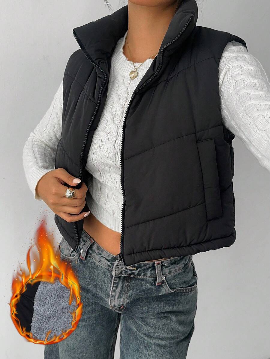 SHEIN EZwear Women's Casual Solid Color Puffer Vest Casual Stand Collar Sleeveless Puffer Jacket Warm Winter Reversible Zip Up Outerwear With Pockets Autumn/Winter,Fall - Black - View 1