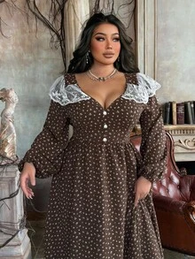 Lyrianda Ditsy Floral Princess Style Minimalist Lace Trim Dress, Long Sleeve