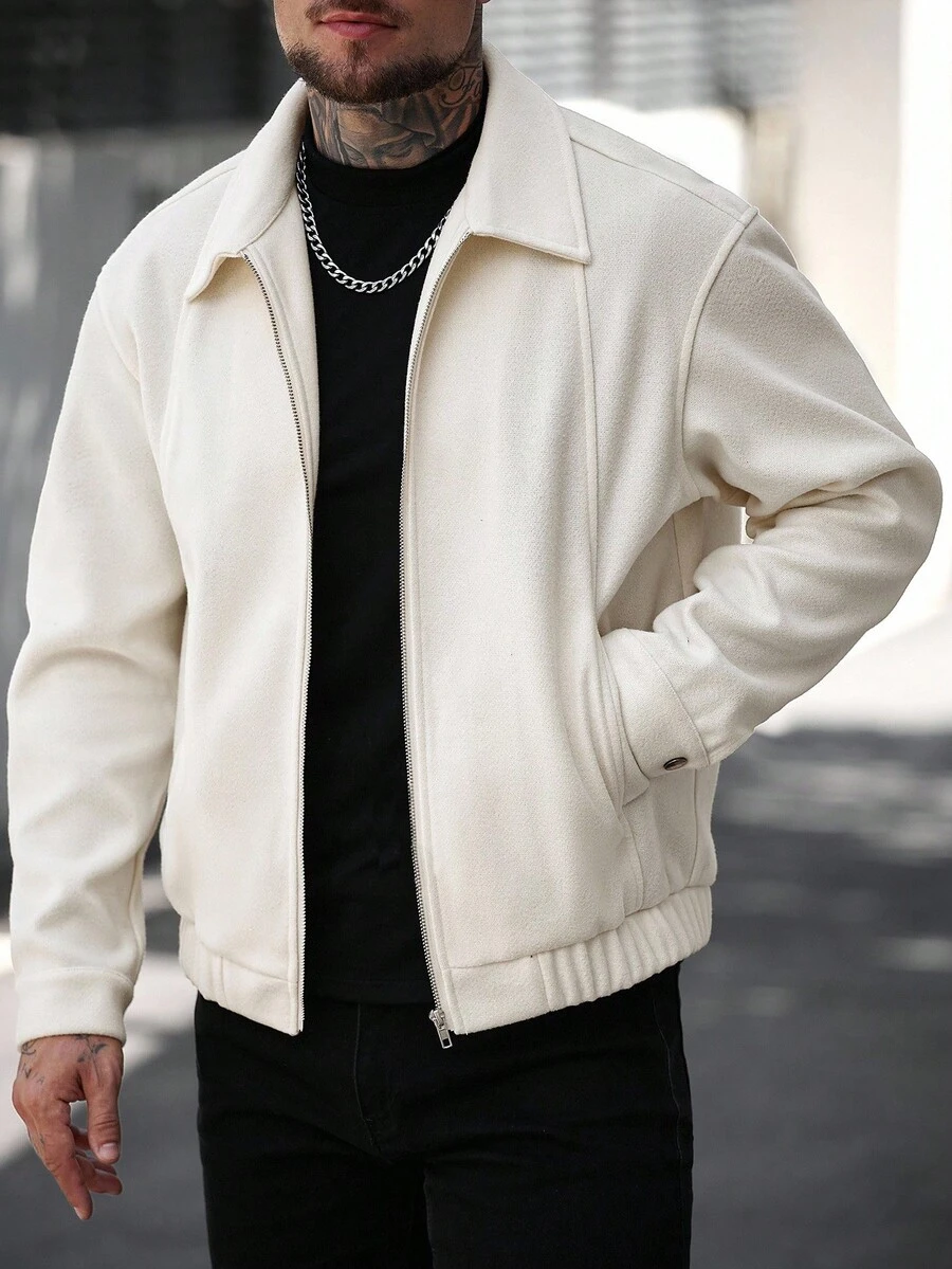 Manfinity CasualCool 男士纯色长袖拉链领口袋休闲夹克,秋冬男士拉链夹克,白色男士夹克,米色男士夹克,短款男士夹克,男士毛衣夹克 - 淡紫色 - 查看 1