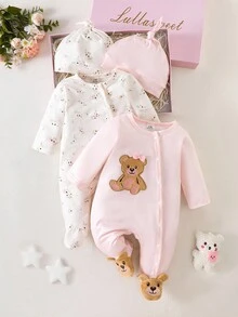 SHEIN مجموعة بدلة وقبعة للأطفال حديثي الولادة من الفتيات، 2 قطعة، بأكمام طويلة، بطبعة دب كرتوني مطرزة وزخرفة فيونكة، بدلة بطبعة زهور متناثرة، مناسبة للربيع والصيف والخريف والشتاء، للحياة اليومية والمناسبات العادية - متعدد الألوان - مشاهدة 4