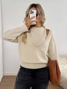 SHEIN LUNE 2 Stück/Set ärmelloses Bodycon Tank Top und tiefer V-Ausschnitt Pullover Pullover, lässiger, locker sitzender eleganter Büro-Lady Strickpullover-Set mit ausgeschnittenem OberteiOff-Shoulderies Oberteil, Strickpullover mit Ausschnitt, Oberteil mit AusschOff-Shoulderfreier Pullover, Herbst-Winter-Kleidung für Frauen - Aprikosenfarben - Übersicht 1