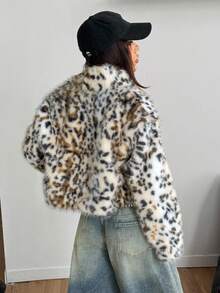 Coolane 女士冬季街头风复古时尚锐舞Y2K洞穴豹纹猎豹印花人造毛皮保暖御寒宽松长袖人造毛皮外套 - 彩色 - 查看 7