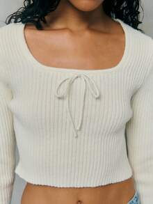 SHEIN Unity Fitted Knit For Women Featuring Square Neckline And Delicate Bow Detail,Cream White Autumn Casual Everyday Cozy-Chic Knitwear Top - Beige - View 4