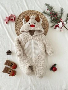 Newborn Baby Girl And Baby Boy Fashion Design Casual Versatile Christmas Cute Apricot Furry Deer Cartoon Pattern Hooded Bodysuit Jumpsuit, Autumn And Winter, Apricot Plush Lining Jumpsuit, Christmas Cute Cartoon Pattern Jumpsuit, Light Khaki Beige Jumpsuit, Fashionable Design Cutting-Edge Fashion Design Can Be Worn Indoors And Outdoors, Simple Style, Suitable For Indoor And Outdoor, Daily, Sports, Play, Party, Photo Shoot, Vacation, Festival