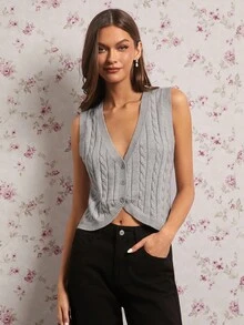 Enchnt Autumn/Winter Romantic Women's Casual Grey V-Neck Versatile Knit Vest,  Sweet&Elegant&Fashionable For Vacation&Date&Holiday&Birthday&Party&Graduation&Wedding Guest&Office&Going Out,Back To School,Fall Sweaters For Women,Autumn Clothes - Light Grey - View 2