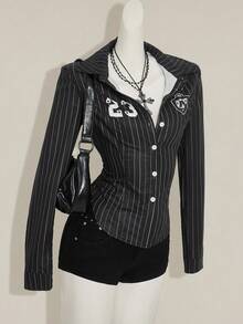 SHEIN ICON 女式黑白条纹长袖运动衫，数字印花短款衬衫，修身学院风夏季衬衫 - 黑色 - 查看 5