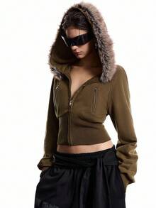 LYSMO 2025新款极简主义冬季休闲时尚街头拉链插肩袖人造毛皮连帽宽下摆短款外套，秋季女士短款连帽衫，短款拉链连帽外套，女士短款夹克，冬季新年造型和圣诞节街头服饰，以及斯德哥尔摩风格 - 橄欖綠 - 查看 5