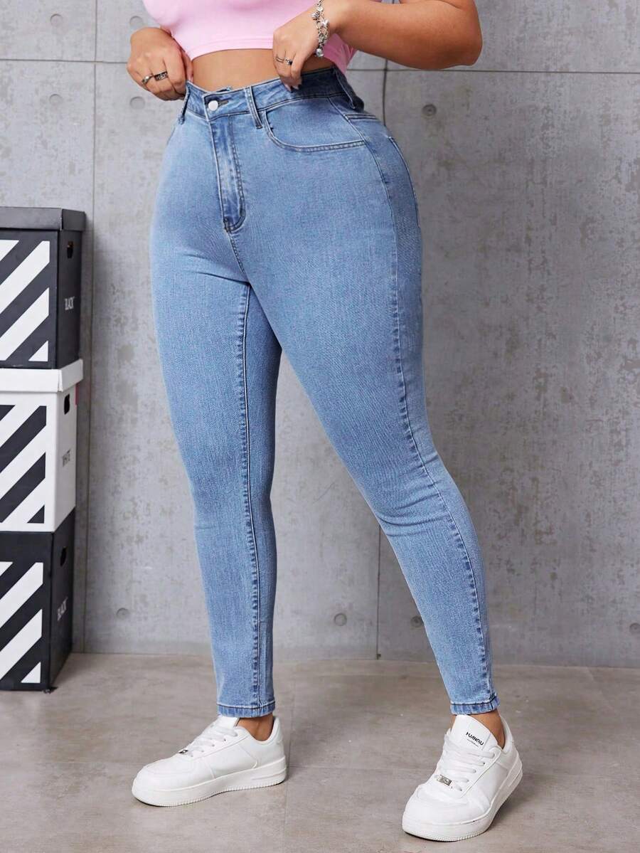 SHEIN EZwear Plus Size Casual Slim-Fit Washed Denim Pants - Medium Wash - View 1