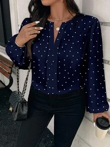 EMERY ROSE Camisa casual de manga larga con cuello redondo y estampado de lunares, adecuada para salidas de primavera y otoño, talla grande - Azul Marino - Ver 5