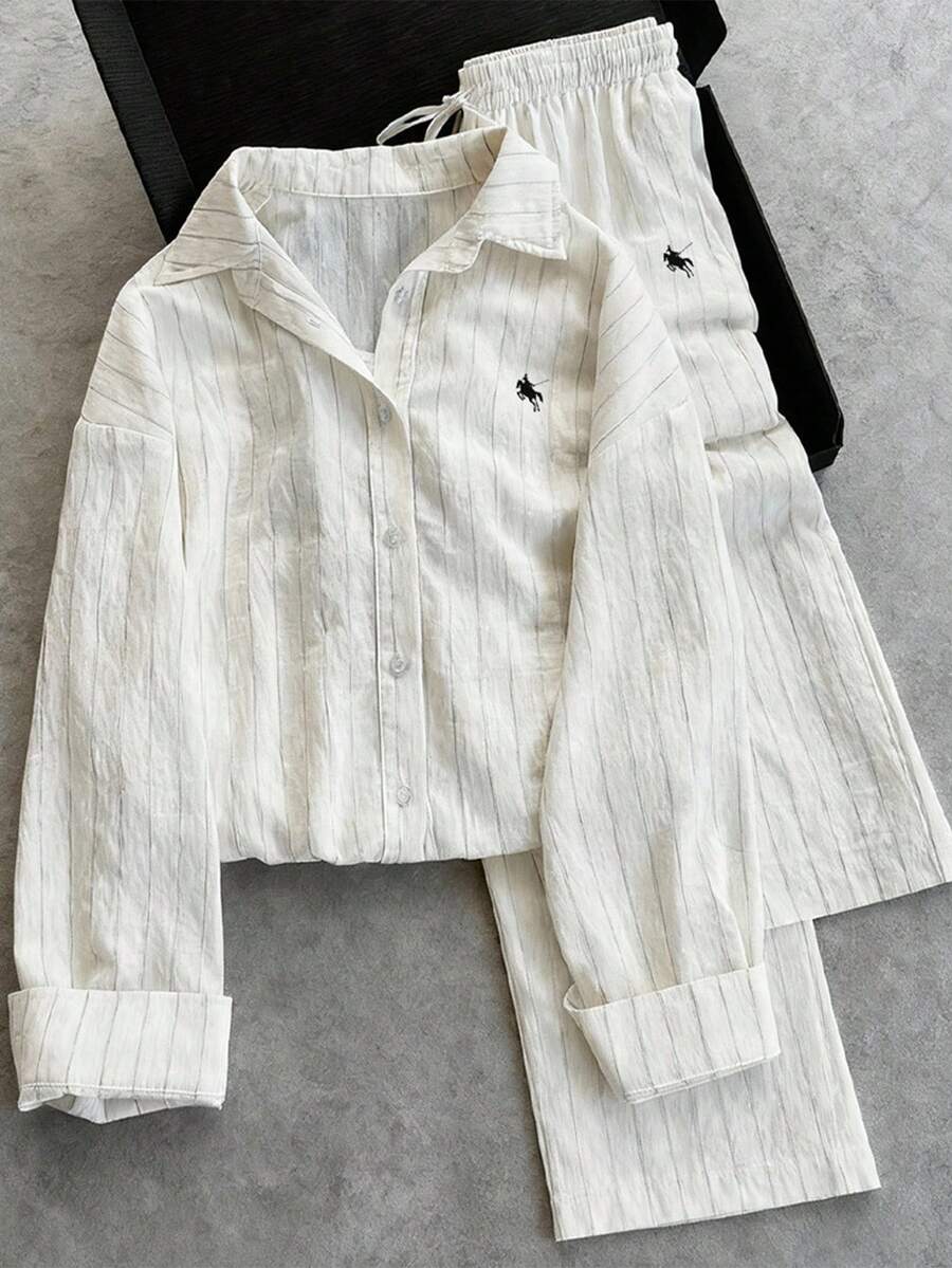 Franclia Women's Casual Striped Embroidered Sun Protection Shirt And Loose Pants 2 Pieces Set, Summer