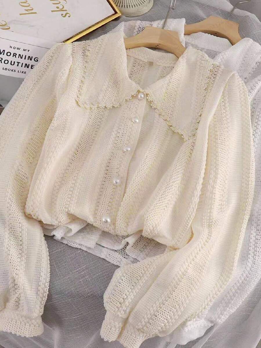 Franclia 全新时尚蕾丝甜美优雅彼得潘领女式长袖衬衫 - 杏色 - 查看 1