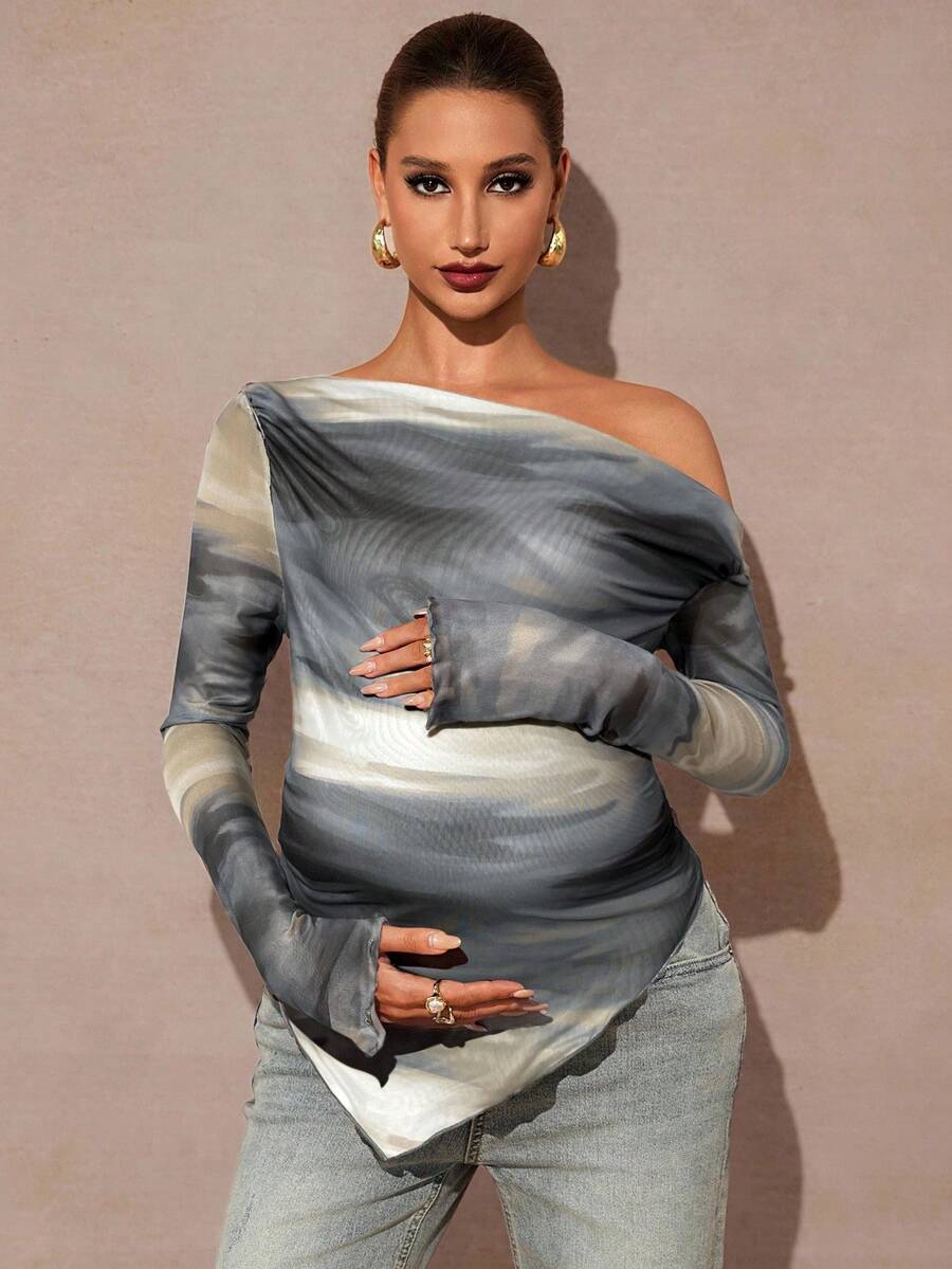 MaterniChic 孕妇斜肩长袖扎染印花百褶时尚T恤 - 灰色 - 查看 1